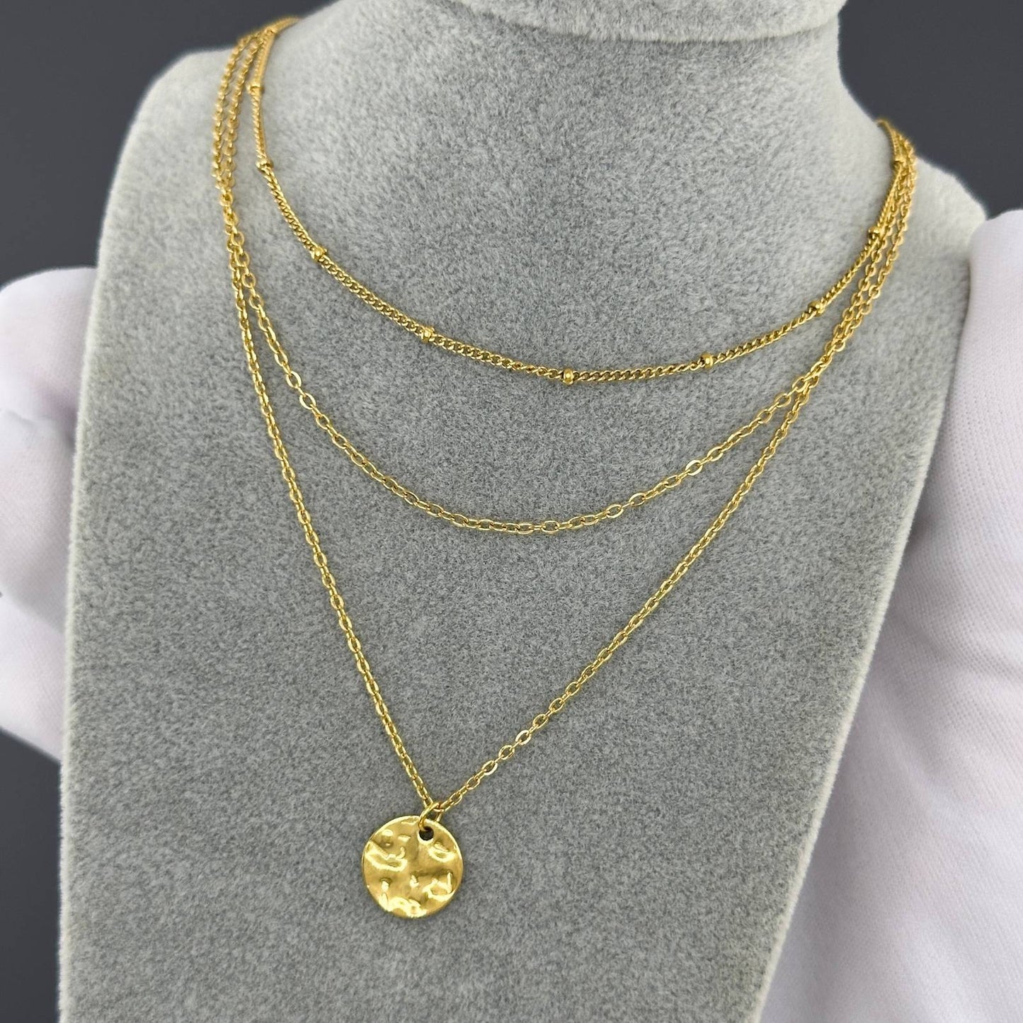 Ripple disc triple stack necklace