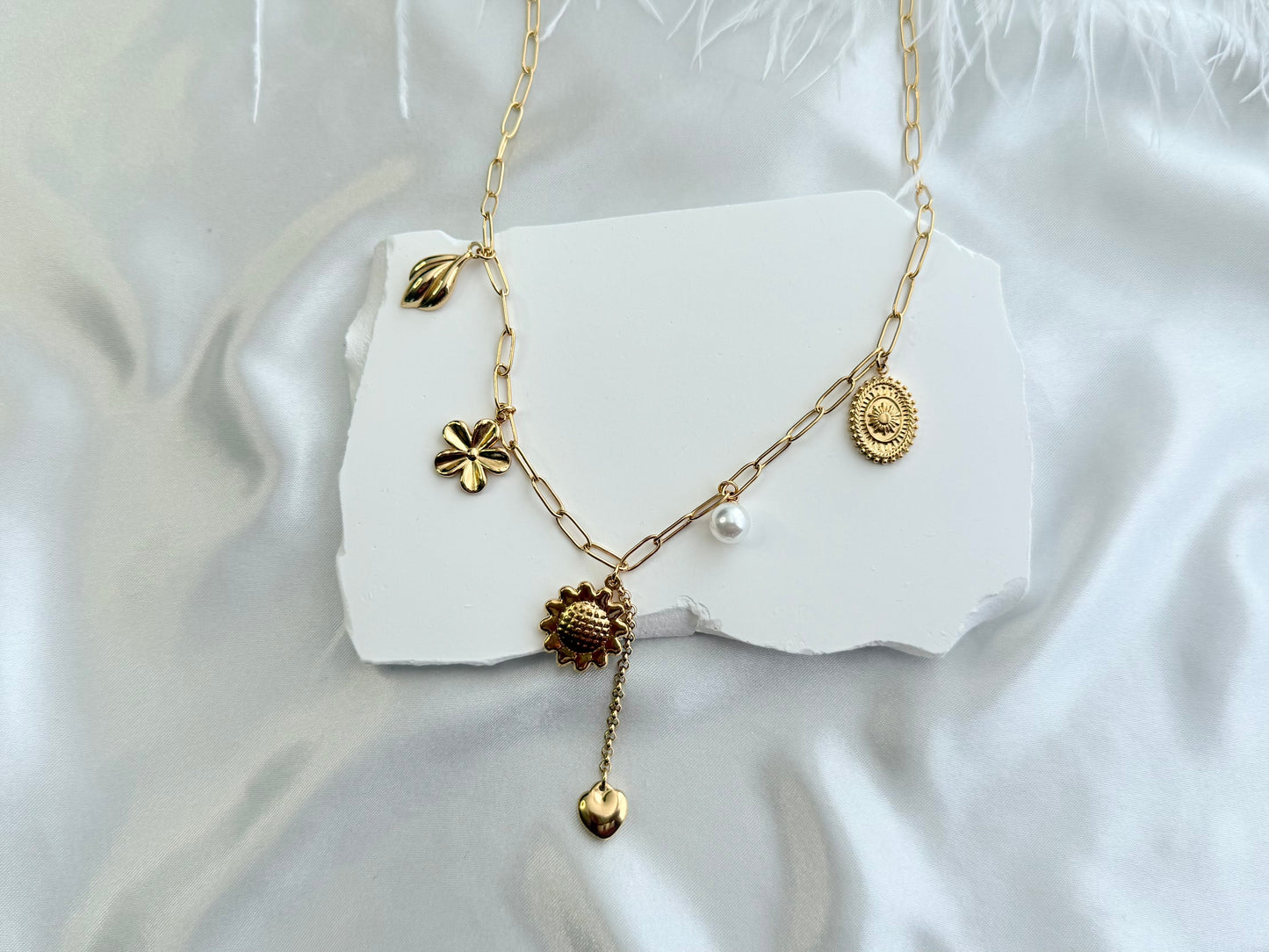 Floral theme multi charm necklace