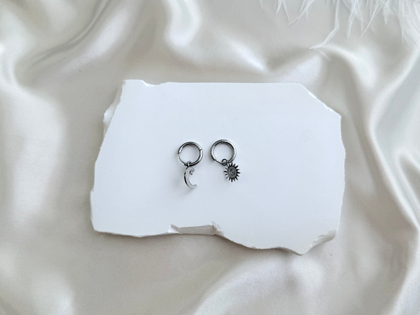 Silver sun & moon drop earrings
