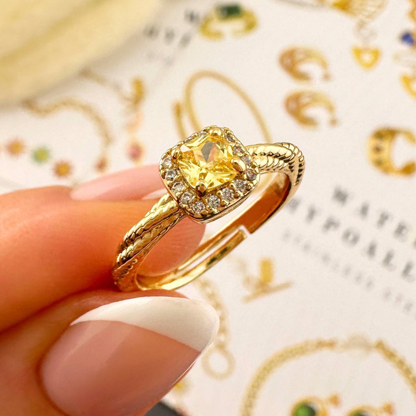 Yellow diamonte ring