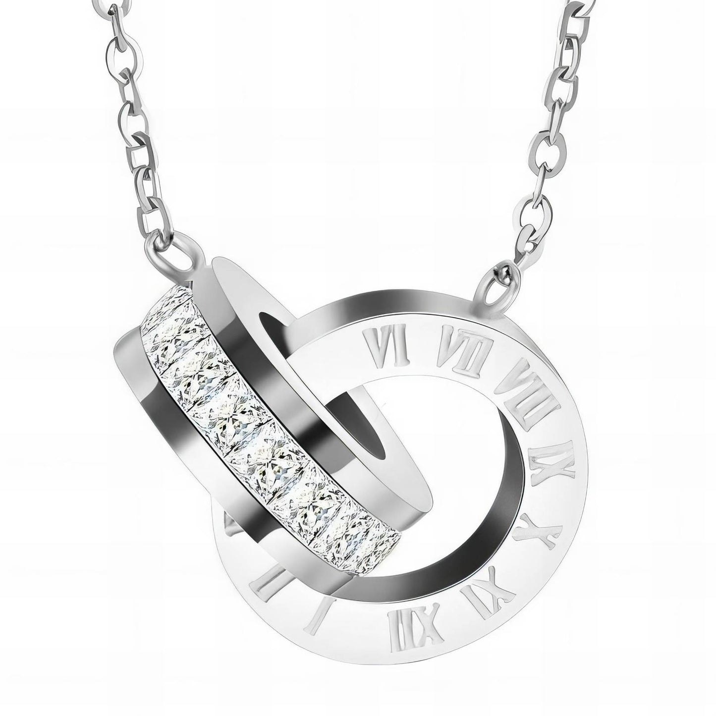 Roman numeral linked silver necklace