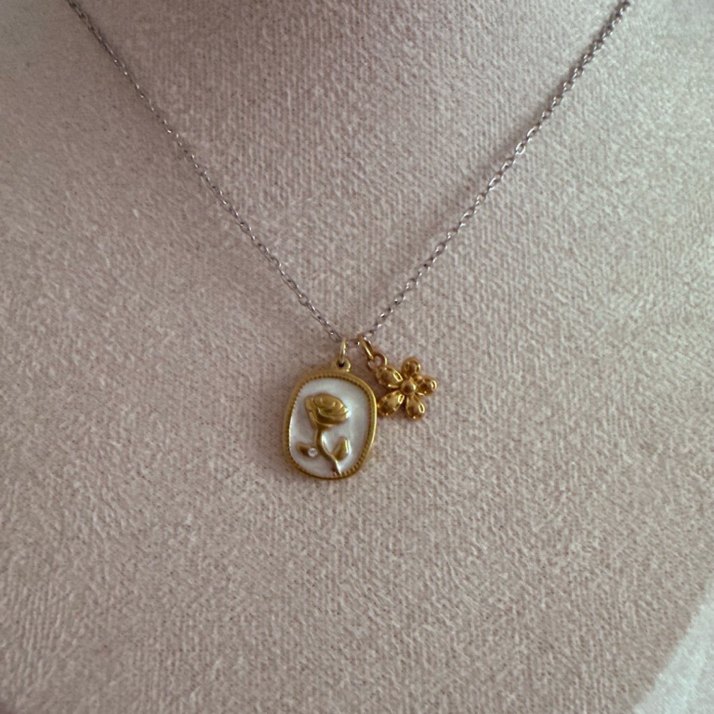 Rose mixed metal charm necklace silver