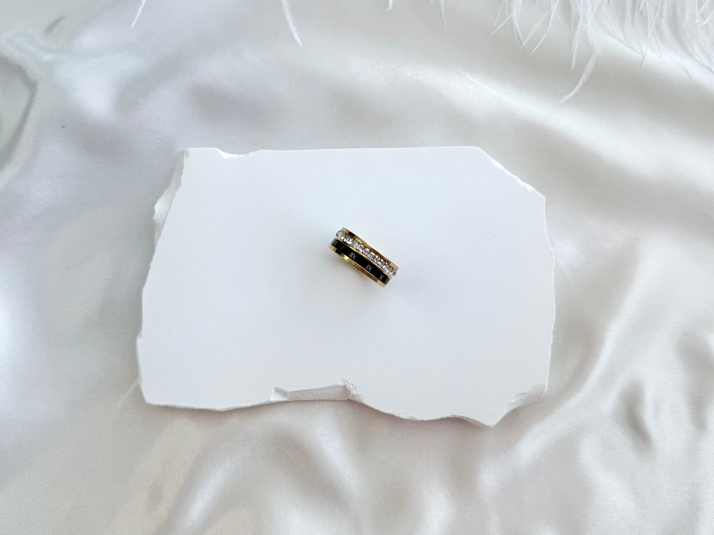 Black roman numeral diamonte ring