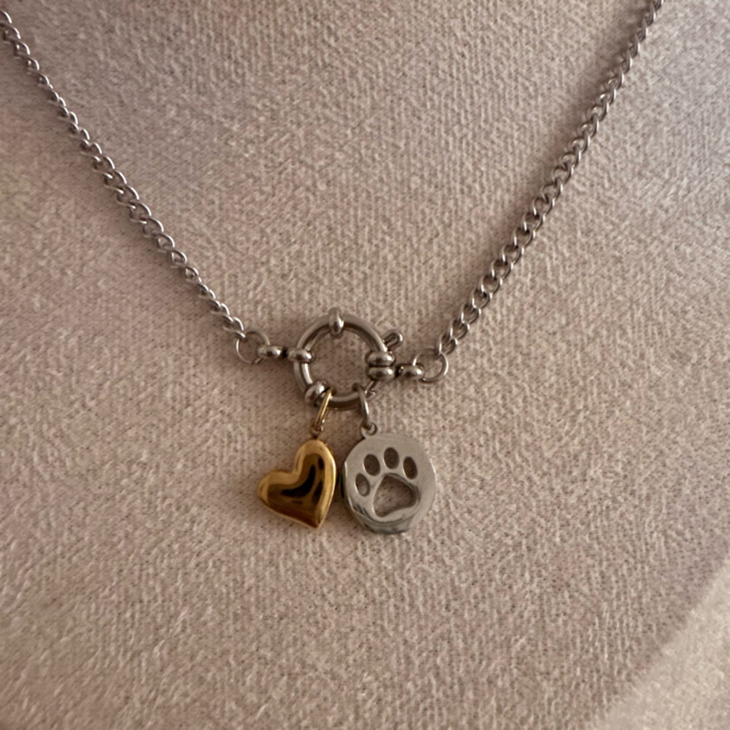 Sideways heart mixed metal charm necklace silver