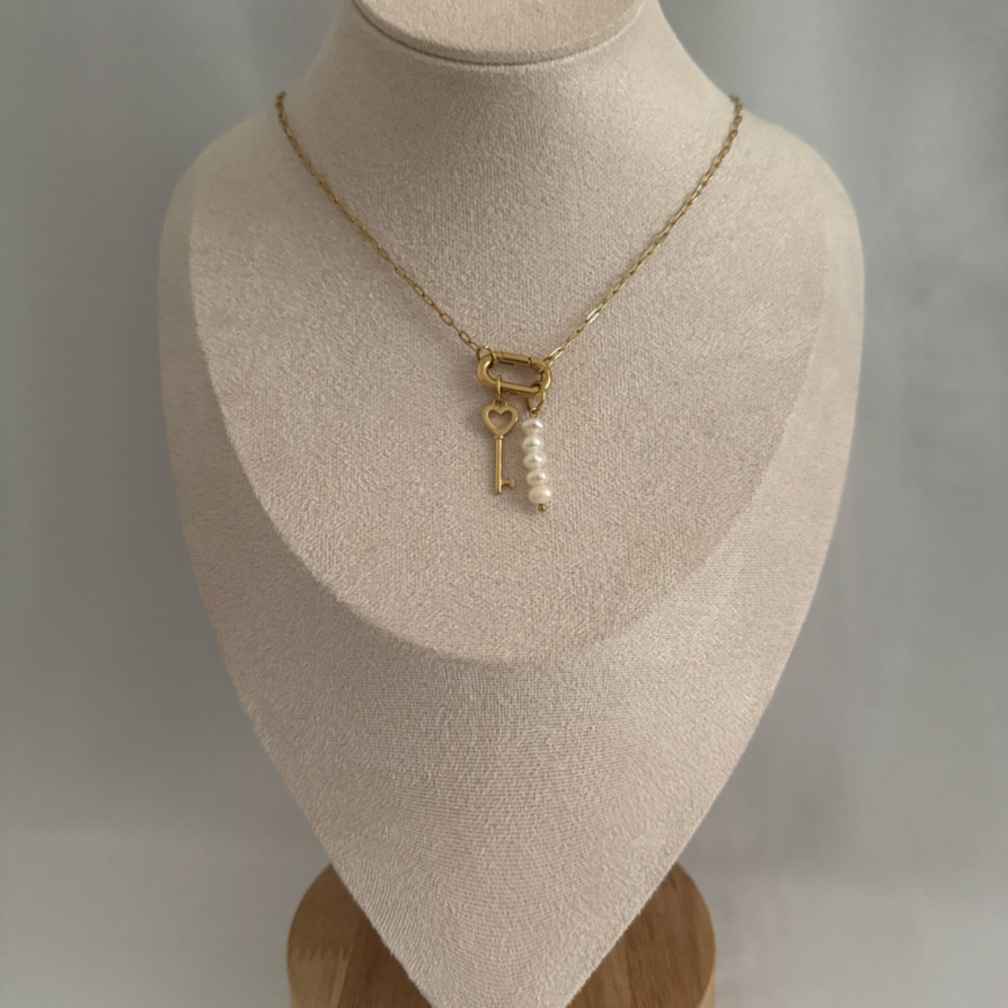 Pearl drop key charm necklace