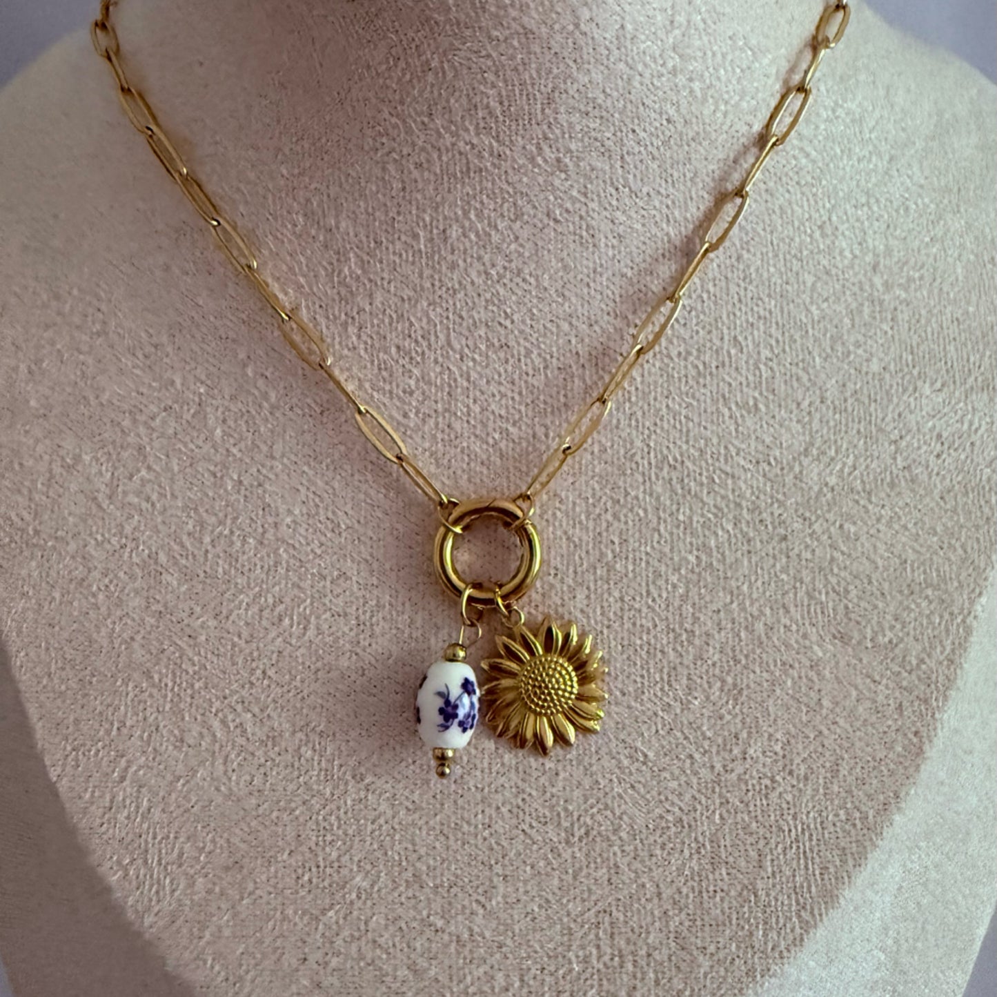 Sunflower floral drop charm necklace