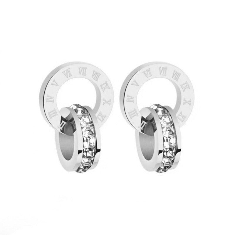 Roman numeral link stud earrings silver