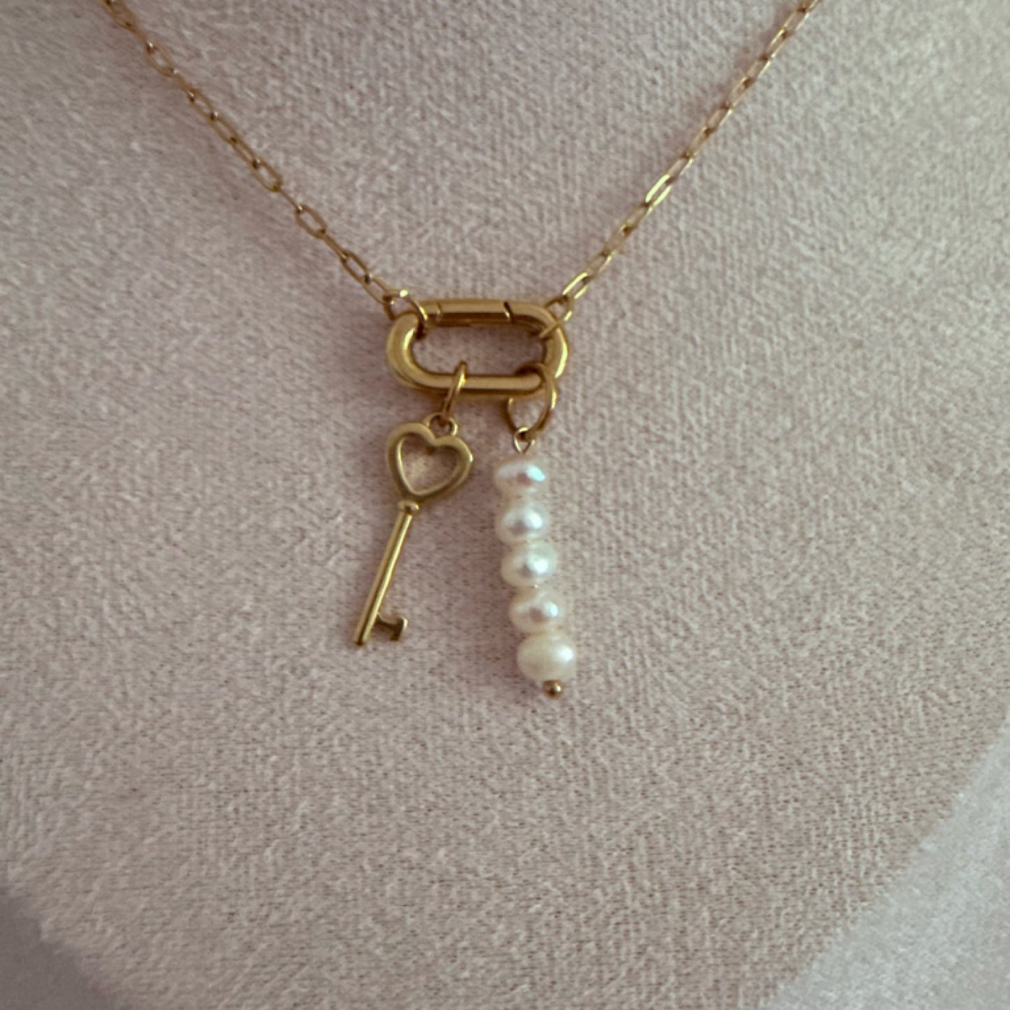 Pearl drop key charm necklace
