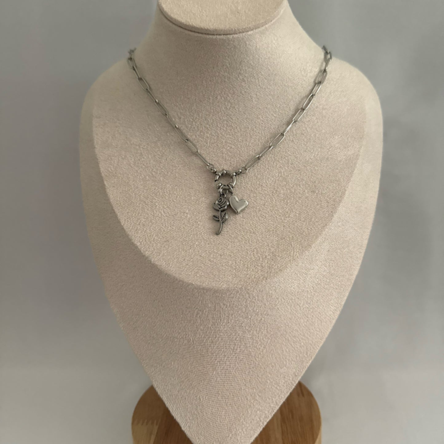 Vintage rose charm necklace silver