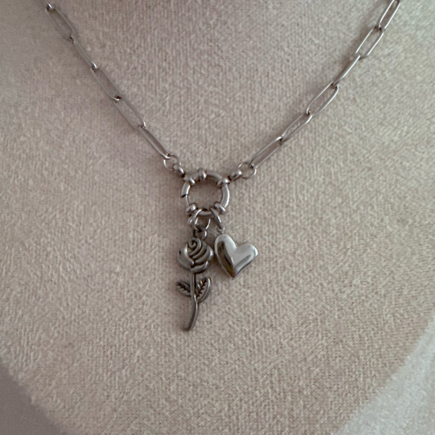 Vintage rose charm necklace silver