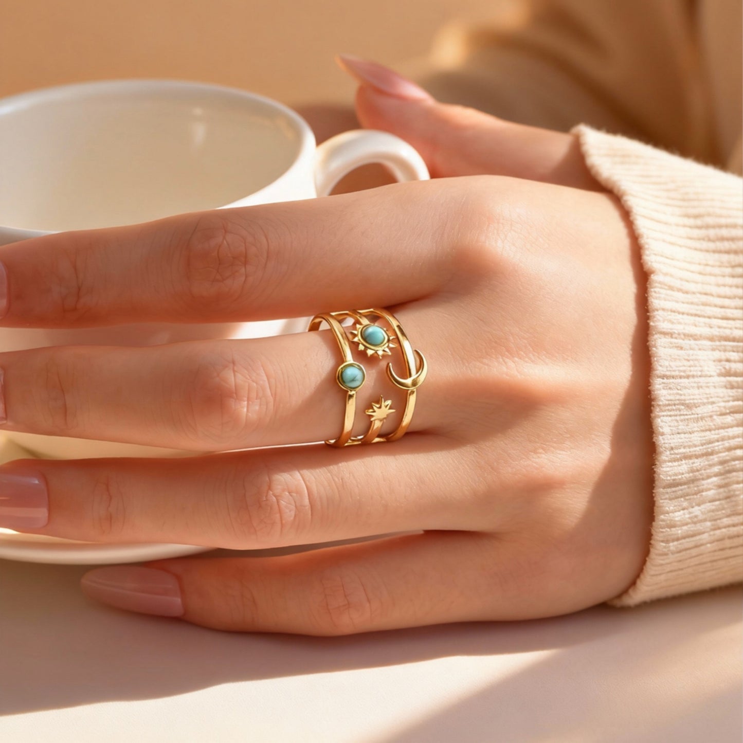 Turquoise Sun & moon ring