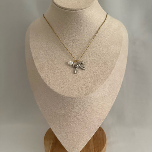 Pearl mixed metals charm necklace