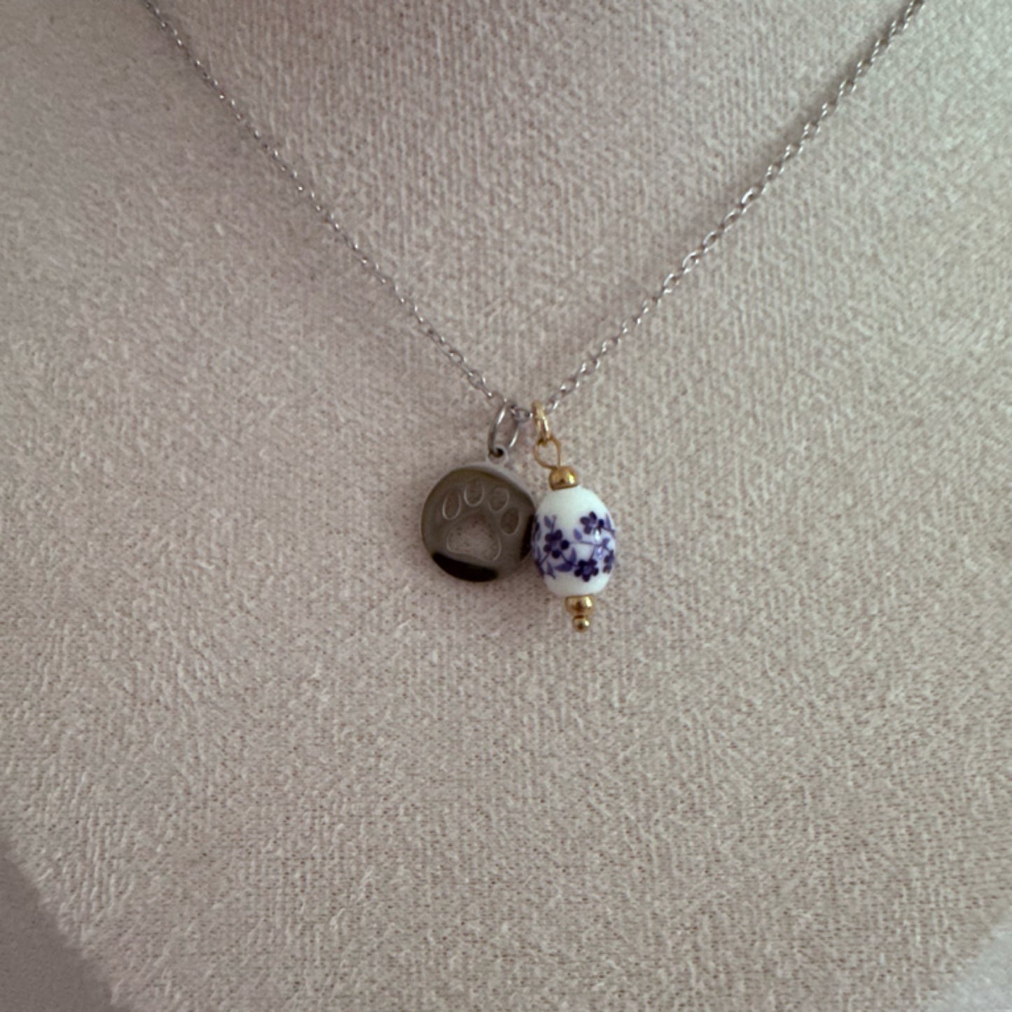 Floral drop mixed metal charm necklace silver