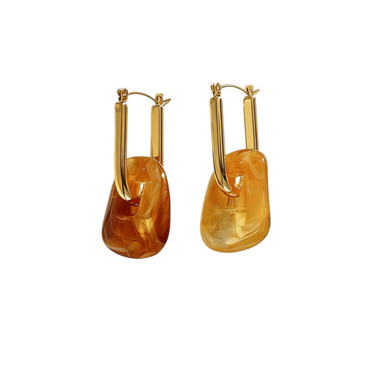 Amber resin hoop earrings gold