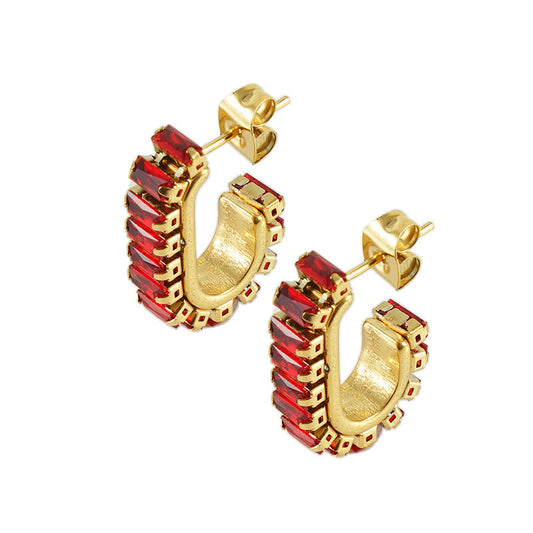 Red baguette stud earrings