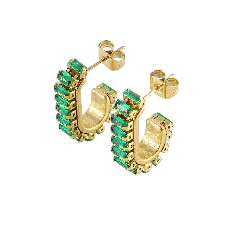 Green baguette stud earrings