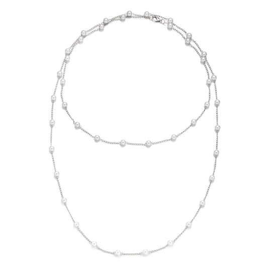 Double length spaced pearl necklace silver