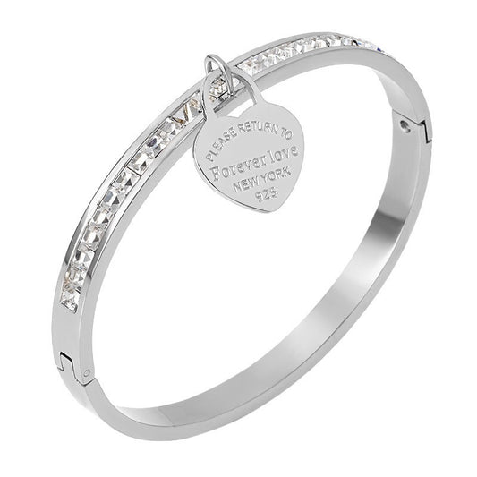 Diamond heart locket bangle silver