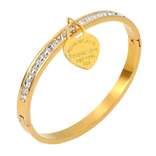 Diamond heart locket bangle gold